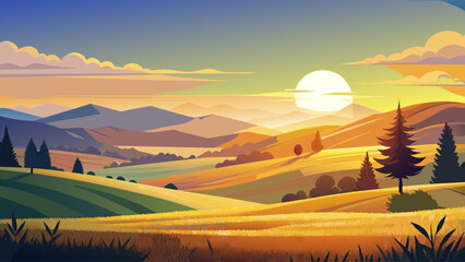 Wall Mural - Breathtaking Sunset View Over Rolling Hills and Mountains