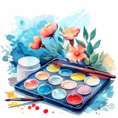 A painting kit with a palette of colors and a brush