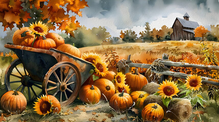 Sticker - Rustic autumn harvest scene featuring wheelbarrow overflowing with pumpkins, sunflowers, and hay, set amidst a vibrant fall background with a picturesque pumpkin patch landscape.