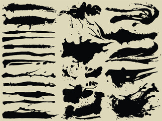 Wall Mural - Collection of hand drawn artistic grungy black paint. Smear lines made brush stroke. Dry ink brush elements set isolated on white background. Vector 