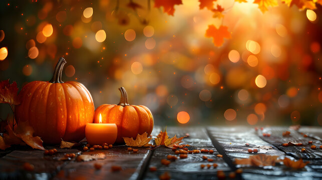 A spooky forest with glowing pumpkins on wooden table, surrounded by autumnal foliage and warm candlelight, Halloween concept.