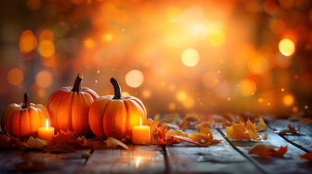 A spooky forest with glowing pumpkins on wooden table, surrounded by autumnal foliage and warm candlelight, Halloween concept.