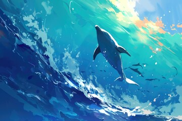Dolphin in the sea in anime style