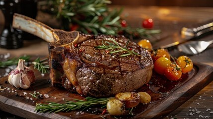 A delicious grilled tomahawk steak with rosemary and cherry tomatoes