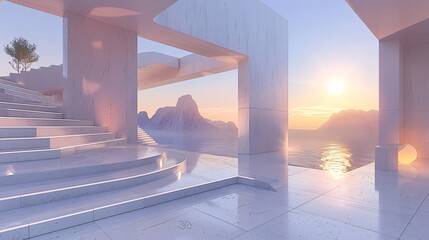Poster - A futuristic 3D architectural render showcasing a surreal composition of geometric shapes and structures in a minimalistic style.