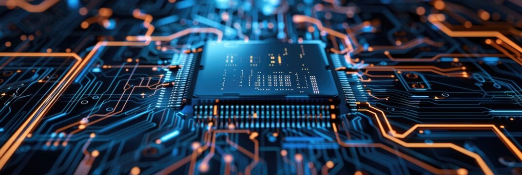 Circuit board and concept of artificial intelligence, circuit elements, code writing, data programming, technology and innovation