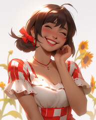 Wall Mural - Smiling girl with a bouquet of summer flowers