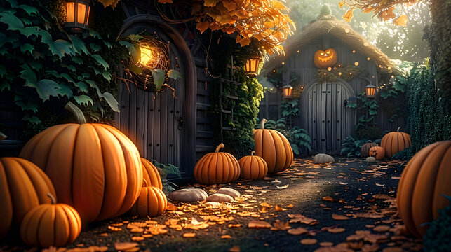 Orange pumpkins of varying sizes scattered amidst lush green foliage, surrounded by rustic wooden fences and autumnal leaves in a serene garden setting.