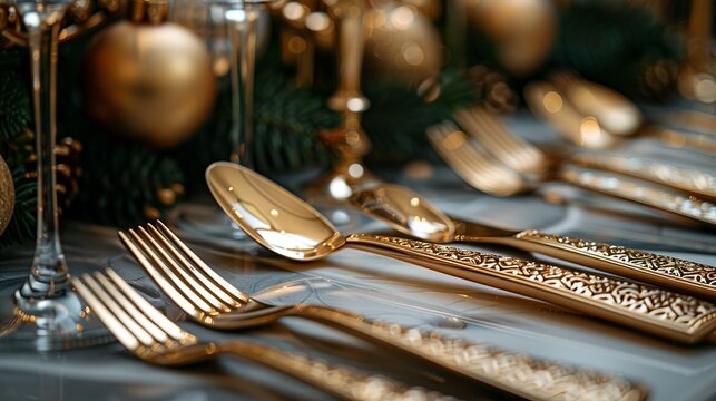 Cutlery Gold-plated cutlery set with intricate designs, elegantly placed on a festive table setting, enhancing the dining experience. Illustration, Minimalism,