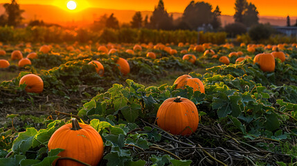 Sticker - orange pumpkins scattered across lush green vines, surrounded by rustic wooden fences and autumnal foliage, evoking a serene and inviting harvest atmosphere. Halloween concept. 