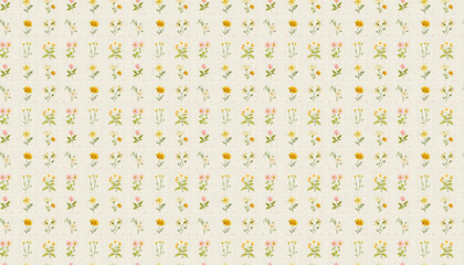 A pattern backgeound that features small squares in grids in pastel colors on white linen fabric, Each grid contains one flowers from various varieties