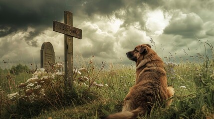 Calm dog resting and looking at a cemetery entrance sign, surrounded by overgrown grass and wildflowers, under a cloudy sky
