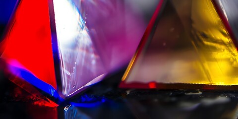 extreme macro photo of clean TRIANGLE polished glass, edges with light blue, red, white colors, blurred, warmcore, light red and indigo, grey background, natural colors, depth of field, 2:1