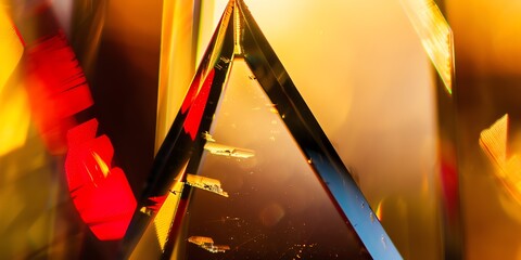 extreme macro photo of clean TRIANGLE polished glass, edges with light orange, red, gold colors, blurred, warmcore, light red and indigo, grey background, natural colors, depth of field, 2:1