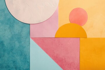 Wall Mural - Abstract geometric composition with colorful shapes and textured surfaces, creating a balanced and visually appealing design.