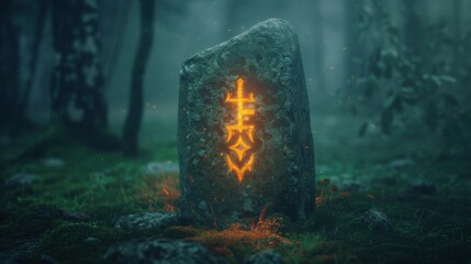 Mysterious glowing rune on a stone in a mystical forest with fog and dense trees, evoking a sense of magic and ancient knowledge.