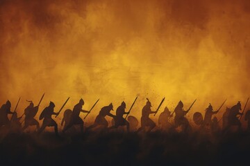 Silhouetted ancient warriors marching into battle, illuminated by a dramatic, fiery background evoking a sense of epic warfare and bravery.