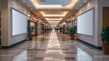 Poster - Empty white signboard on a wall inside a public shopping center, positioned between retail outlets