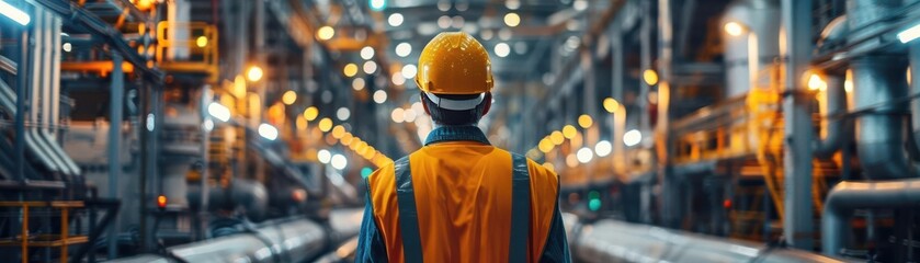 Worker in a hard hat and safety vest inspecting a brightly lit industrial factory, focusing on machinery and equipment maintenance.