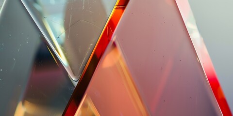 extreme macro photo of clean TRIANGLE polished glass, edges with light from four different colors, blurred, warmcore, light red and indigo, grey background, natural colors, depth of field, 2:1