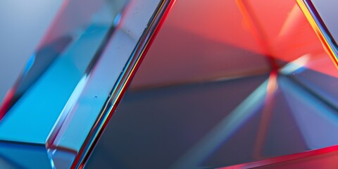 Wall Mural - extreme macro photo of clean TRIANGLE polished glass, edges with light from four different colors, blurred, warmcore, light red and indigo, grey background, natural colors, depth of field, 2:1