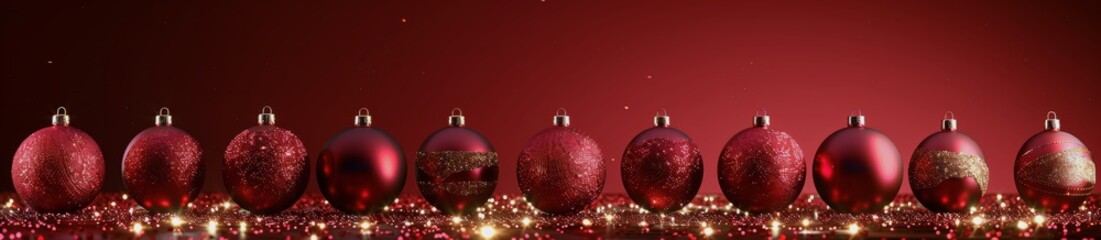 Canvas Print - Red And Gold Christmas Ornaments On A Red Background With Bokeh Lights