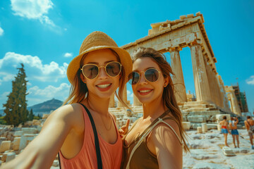 two young women in their 20s, one Asian and one Hispanic, taking a selfie at the Acropolis in Athens.