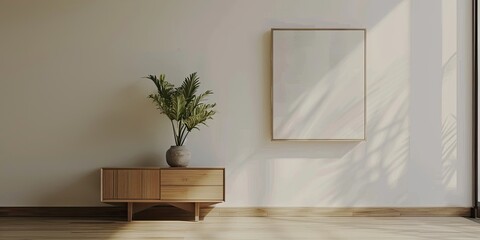 Describe a stylish minimalist room with a sleek chest of drawers, a vibrant green houseplant, and a modern abstract painting on a pristine white wall.