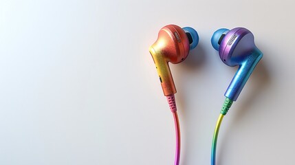 Poster - A set of rainbow-colored earphones placed on a white background, representing pride in music and everyday life