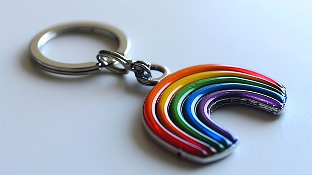A close-up of a pride-themed rainbow keychain on a white background, symbolizing pride and identity