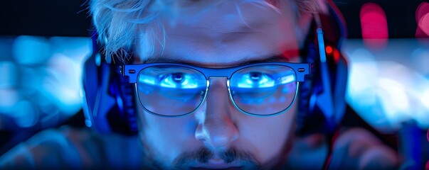 Focused gamer wearing headphones and glasses with blue reflection, immersed in a video game in a neon-lit room.