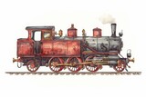 Vintage illustration of a red steam locomotive on railway tracks, evoking historical transportation and mechanical engineering heritage.
