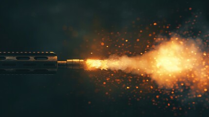 Dramatic close-up of a rifle firing with vivid orange muzzle flash and smoke against a dark background. Intense action captured in a single frame.