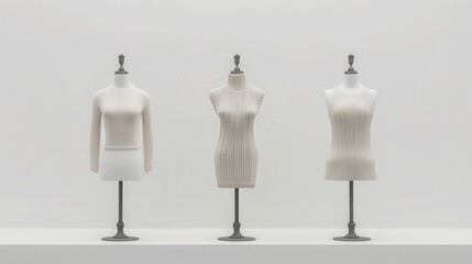 Minimalist display of three stylish dress forms, showcasing elegant white garments. Perfect for fashion, design, and retail visuals.