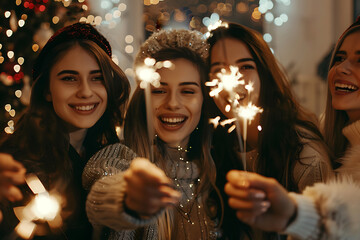 Poster - happy friends with sparklers celebrating christmas holidays