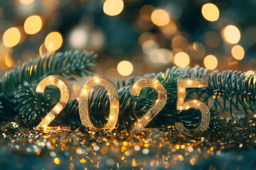 Wall Mural - glowing bright numbers 2025 on bokeh background, new year concept	
