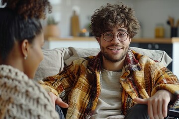 Wall Mural - A young man in his 30s, wearing glasses, sitting on a blue couch at home, a mixed-race woman in a pink shirt. The smiling couple stood next to their wheelchairs talking