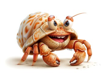 An illustration of a cartoon hermit crab with large expressive eyes and a cheerful smile with a patterned shell in vibrant orange coloring on a white background for children's books and educational.