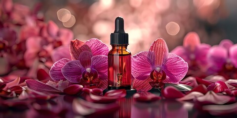 illustration, a bottle of flower extract, with a dropper, surrounded by fresh orchid central composition, soft and natural lighting, details on the bottle and petals, 2:1