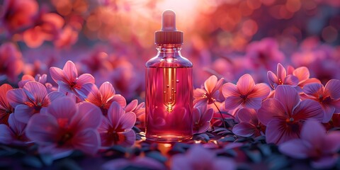 illustration, a bottle of flower extract, with a dropper, surrounded by fresh orchid central composition, soft and natural lighting, details on the bottle and petals, 2:1