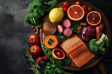 Top view of healthy food on a wooden plate with salmon, vegetables and fruits over a dark background.