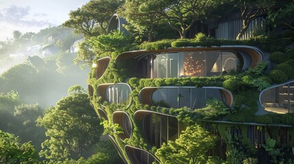 Wall Mural - Futuristic building integrated with nature surrounded by lush trees and plants in sunlight eco-friendly architecture
