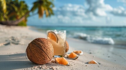 Wall Mural - Tropical Paradise: Relaxing Beach Escape with a Refreshing Coconut Cocktail