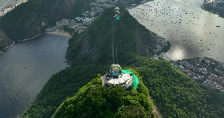 Canvas Print - Aerial overhead view of the top station on Sugar Loaf mountain with people watching beautiful panorama of Rio de Janeiro, Late afternoon light