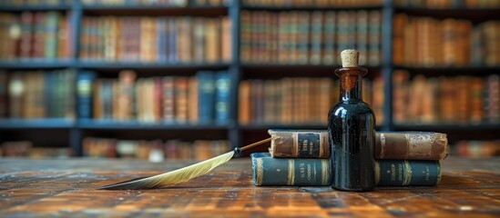 Sticker - Still Life with Books, Inkwell, and Feather in a Library Setting