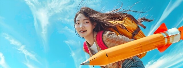 Confident Korean University Student Soaring on Pencil Rocket into the Boundless Azure Sky