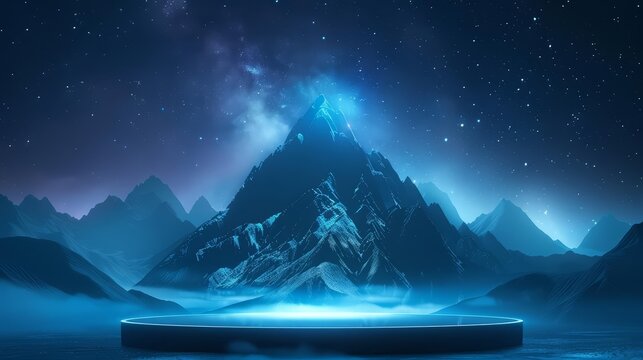 A blank podium showcase featuring a mountain with a glowing path