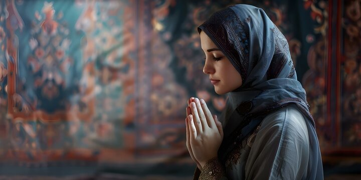 A woman in a headscarf praying with a Christianity background banner. Concept Religious Diversity, Prayer Reflection, Symbolic Imagery, Cultural Harmony