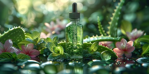 illustration, a bottle of rose extract, with a dropper, surrounded by fresh aloe vera and aloe vera petals, central composition, soft and natural lighting,  details on the bottle and petals, 2:1