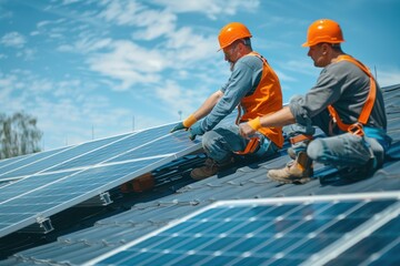 Two men in orange safety vests are working on a solar panel